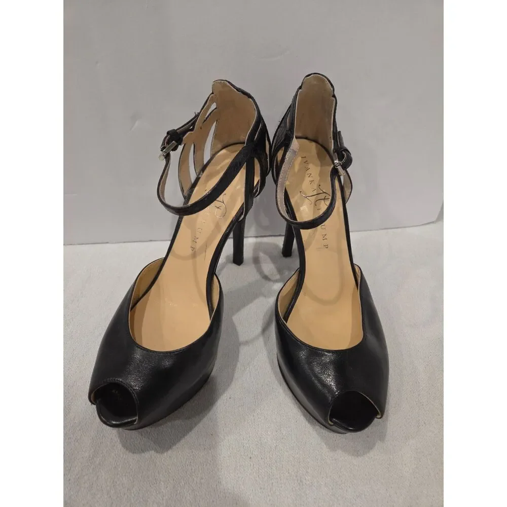 Ivanka Trump Black Leather Platform Stiletto Heels w/ Ankle Strap Peep Toe Sz 6